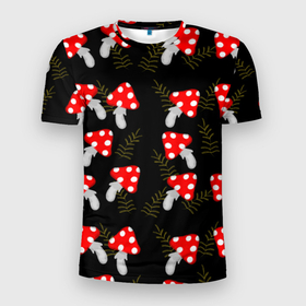 Мужская футболка 3D Slim с принтом мухоморы на черном фоне в Белгороде, 100% полиэстер с улучшенными характеристиками | приталенный силуэт, круглая горловина, широкие плечи, сужается к линии бедра | 