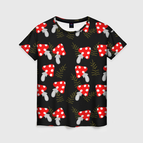 Женская футболка 3D с принтом мухоморы на черном фоне в Белгороде, 100% полиэфир ( синтетическое хлопкоподобное полотно) | прямой крой, круглый вырез горловины, длина до линии бедер | 