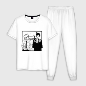 Мужская пижама хлопок с принтом Денджи и Аки Человек Бензопила в Санкт-Петербурге, 100% хлопок | брюки и футболка прямого кроя, без карманов, на брюках мягкая резинка на поясе и по низу штанин
 | 