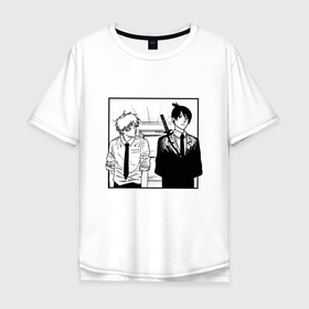 Мужская футболка хлопок Oversize с принтом Денджи и Аки Человек Бензопила в Курске, 100% хлопок | свободный крой, круглый ворот, “спинка” длиннее передней части | Тематика изображения на принте: 