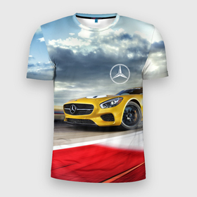 Мужская футболка 3D Slim с принтом Mercedes AMG V8 Biturbo на трассе в Тюмени, 100% полиэстер с улучшенными характеристиками | приталенный силуэт, круглая горловина, широкие плечи, сужается к линии бедра | Тематика изображения на принте: 
