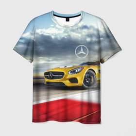 Мужская футболка 3D с принтом Mercedes AMG V8 Biturbo на трассе в Тюмени, 100% полиэфир | прямой крой, круглый вырез горловины, длина до линии бедер | Тематика изображения на принте: 
