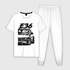 Мужская пижама хлопок с принтом BMW E36 в Санкт-Петербурге, 100% хлопок | брюки и футболка прямого кроя, без карманов, на брюках мягкая резинка на поясе и по низу штанин
 | Тематика изображения на принте: 