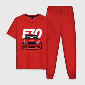 Мужская пижама хлопок с принтом BMW E30 , 100% хлопок | брюки и футболка прямого кроя, без карманов, на брюках мягкая резинка на поясе и по низу штанин
 | 