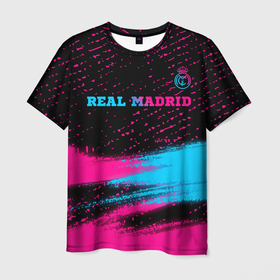 Мужская футболка 3D с принтом Real Madrid   neon gradient: символ сверху в Петрозаводске, 100% полиэфир | прямой крой, круглый вырез горловины, длина до линии бедер | 