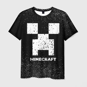 Мужская футболка 3D с принтом Minecraft с потертостями на темном фоне в городе Новоалтайск, 100% полиэфир | прямой крой, круглый вырез горловины, длина до линии бедер | 