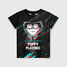 Детская футболка 3D с принтом Poppy Playtime в стиле glitch и баги графики на темном фоне в Кировске, 100% гипоаллергенный полиэфир | прямой крой, круглый вырез горловины, длина до линии бедер, чуть спущенное плечо, ткань немного тянется | 