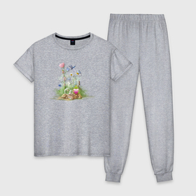 Женская пижама хлопок с принтом Лягушка,цветы и стрекоза в Екатеринбурге, 100% хлопок | брюки и футболка прямого кроя, без карманов, на брюках мягкая резинка на поясе и по низу штанин | 