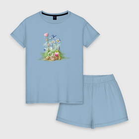 Женская пижама с шортиками хлопок с принтом Лягушка,цветы и стрекоза в Санкт-Петербурге, 100% хлопок | футболка прямого кроя, шорты свободные с широкой мягкой резинкой | 