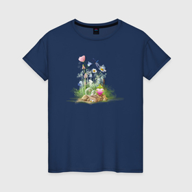 Женская футболка хлопок с принтом Лягушка,цветы и стрекоза в Екатеринбурге, 100% хлопок | прямой крой, круглый вырез горловины, длина до линии бедер, слегка спущенное плечо | 