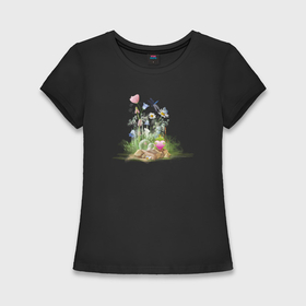 Женская футболка хлопок Slim с принтом Лягушка,цветы и стрекоза в Екатеринбурге,  |  | 