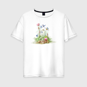 Женская футболка хлопок Oversize с принтом Лягушка,цветы и стрекоза в Екатеринбурге, 100% хлопок | свободный крой, круглый ворот, спущенный рукав, длина до линии бедер
 | 