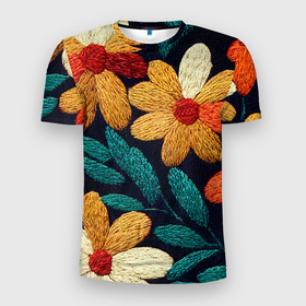 Мужская футболка 3D Slim с принтом Цветы в стиле вышивки в Тюмени, 100% полиэстер с улучшенными характеристиками | приталенный силуэт, круглая горловина, широкие плечи, сужается к линии бедра | 