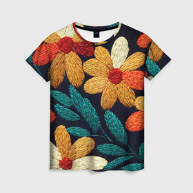 Женская футболка 3D с принтом Цветы в стиле вышивки , 100% полиэфир ( синтетическое хлопкоподобное полотно) | прямой крой, круглый вырез горловины, длина до линии бедер | 