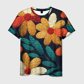 Мужская футболка 3D с принтом Цветы в стиле вышивки , 100% полиэфир | прямой крой, круглый вырез горловины, длина до линии бедер | 