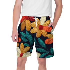 Мужские шорты 3D с принтом Цветы в стиле вышивки ,  полиэстер 100% | прямой крой, два кармана без застежек по бокам. Мягкая трикотажная резинка на поясе, внутри которой широкие завязки. Длина чуть выше колен | 