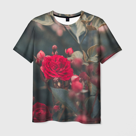 Мужская футболка 3D с принтом Красная дикая роза , 100% полиэфир | прямой крой, круглый вырез горловины, длина до линии бедер | 
