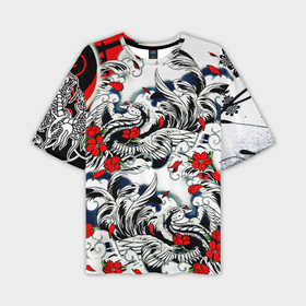 Мужская футболка OVERSIZE 3D с принтом Красные цветы и птицы в Курске,  |  | 