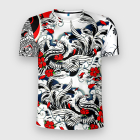Мужская футболка 3D Slim с принтом Красные цветы и птицы в Курске, 100% полиэстер с улучшенными характеристиками | приталенный силуэт, круглая горловина, широкие плечи, сужается к линии бедра | 