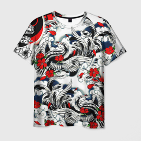 Мужская футболка 3D с принтом Красные цветы и птицы в Курске, 100% полиэфир | прямой крой, круглый вырез горловины, длина до линии бедер | 