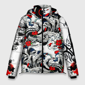 Мужская зимняя куртка 3D с принтом Красные цветы и птицы в Курске, верх — 100% полиэстер; подкладка — 100% полиэстер; утеплитель — 100% полиэстер | длина ниже бедра, свободный силуэт Оверсайз. Есть воротник-стойка, отстегивающийся капюшон и ветрозащитная планка. 

Боковые карманы с листочкой на кнопках и внутренний карман на молнии. | 