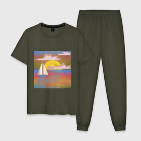 Мужская пижама хлопок с принтом Розовый закат на море в Тюмени, 100% хлопок | брюки и футболка прямого кроя, без карманов, на брюках мягкая резинка на поясе и по низу штанин
 | 