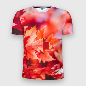 Мужская футболка 3D Slim с принтом Красные кленовые листья в Белгороде, 100% полиэстер с улучшенными характеристиками | приталенный силуэт, круглая горловина, широкие плечи, сужается к линии бедра | 