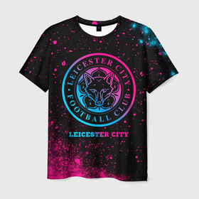 Мужская футболка 3D с принтом Leicester City   neon gradient в Новосибирске, 100% полиэфир | прямой крой, круглый вырез горловины, длина до линии бедер | Тематика изображения на принте: 