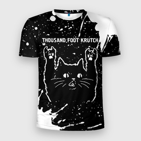 Мужская футболка 3D Slim с принтом Группа Thousand Foot Krutch и рок кот в Петрозаводске, 100% полиэстер с улучшенными характеристиками | приталенный силуэт, круглая горловина, широкие плечи, сужается к линии бедра | 