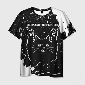 Мужская футболка 3D с принтом Группа Thousand Foot Krutch и рок кот в Кировске, 100% полиэфир | прямой крой, круглый вырез горловины, длина до линии бедер | 