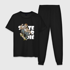 Мужская пижама хлопок с принтом Skate or die скелет на скейтборде в Тюмени, 100% хлопок | брюки и футболка прямого кроя, без карманов, на брюках мягкая резинка на поясе и по низу штанин
 | Тематика изображения на принте: 