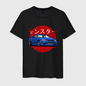 Мужская футболка хлопок с принтом Nissan Skyline R34 GT R в Санкт-Петербурге, 100% хлопок | прямой крой, круглый вырез горловины, длина до линии бедер, слегка спущенное плечо. | 