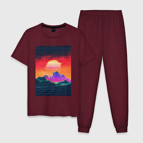 Мужская пижама хлопок с принтом Синтвейв горы на закате в Курске, 100% хлопок | брюки и футболка прямого кроя, без карманов, на брюках мягкая резинка на поясе и по низу штанин
 | 