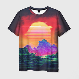 Мужская футболка 3D с принтом Синтвейв неоновые горы на закате в Кировске, 100% полиэфир | прямой крой, круглый вырез горловины, длина до линии бедер | 