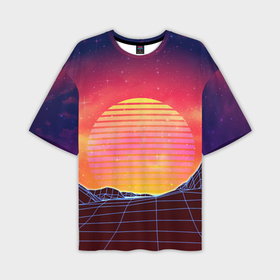 Мужская футболка OVERSIZE 3D с принтом Абстрактные 3D неоновые горы на закате в Курске,  |  | 