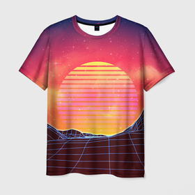 Мужская футболка 3D с принтом Абстрактные 3D неоновые горы на закате в Курске, 100% полиэфир | прямой крой, круглый вырез горловины, длина до линии бедер | 