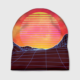 Шапка 3D с принтом Абстрактные 3D неоновые горы на закате в Курске, 100% полиэстер | универсальный размер, печать по всей поверхности изделия | 