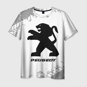 Мужская футболка 3D с принтом Peugeot speed на светлом фоне со следами шин в Белгороде, 100% полиэфир | прямой крой, круглый вырез горловины, длина до линии бедер | Тематика изображения на принте: 
