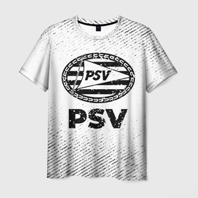 Мужская футболка 3D с принтом PSV с потертостями на светлом фоне в городе Новоалтайск, 100% полиэфир | прямой крой, круглый вырез горловины, длина до линии бедер | 