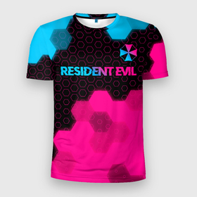 Мужская футболка 3D Slim с принтом Resident Evil   neon gradient: символ сверху в Кировске, 100% полиэстер с улучшенными характеристиками | приталенный силуэт, круглая горловина, широкие плечи, сужается к линии бедра | Тематика изображения на принте: 