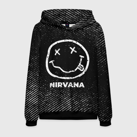 Мужская толстовка 3D с принтом Nirvana с потертостями на темном фоне в городе Новоалтайск, 100% полиэстер | двухслойный капюшон со шнурком для регулировки, мягкие манжеты на рукавах и по низу толстовки, спереди карман-кенгуру с мягким внутренним слоем. | 
