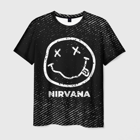 Мужская футболка 3D с принтом Nirvana с потертостями на темном фоне в городе Новоалтайск, 100% полиэфир | прямой крой, круглый вырез горловины, длина до линии бедер | 