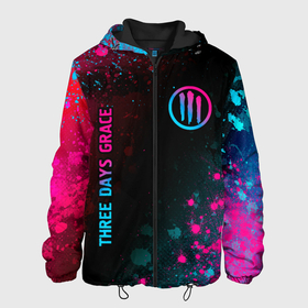 Мужская куртка 3D с принтом Three Days Grace   neon gradient: надпись, символ в Екатеринбурге, ткань верха — 100% полиэстер, подклад — флис | прямой крой, подол и капюшон оформлены резинкой с фиксаторами, два кармана без застежек по бокам, один большой потайной карман на груди. Карман на груди застегивается на липучку | 