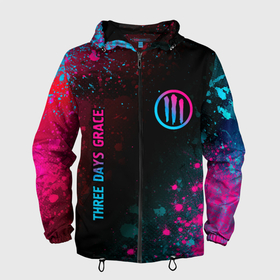 Мужская ветровка 3D с принтом Three Days Grace   neon gradient: надпись, символ в Петрозаводске, 100% полиэстер | подол и капюшон оформлены резинкой с фиксаторами, два кармана без застежек по бокам, один потайной карман на груди | Тематика изображения на принте: 