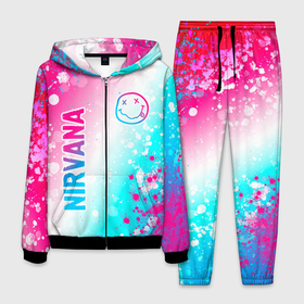 Мужской костюм 3D с принтом Nirvana neon gradient style: надпись, символ в Петрозаводске, 100% полиэстер | Манжеты и пояс оформлены тканевой резинкой, двухслойный капюшон со шнурком для регулировки, карманы спереди | 