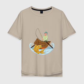 Мужская футболка хлопок Oversize с принтом Рыбак поймал золотую рыбку в Санкт-Петербурге, 100% хлопок | свободный крой, круглый ворот, “спинка” длиннее передней части | 