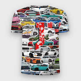 Мужская футболка 3D Slim с принтом JDM автомобили 90х в Новосибирске, 100% полиэстер с улучшенными характеристиками | приталенный силуэт, круглая горловина, широкие плечи, сужается к линии бедра | 