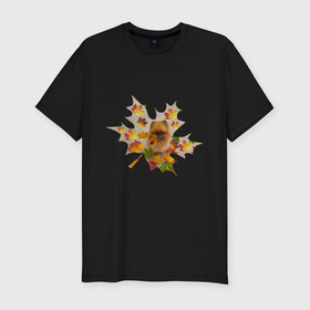 Мужская футболка хлопок Slim с принтом Осень: кленовые листья и собака в Белгороде, 92% хлопок, 8% лайкра | приталенный силуэт, круглый вырез ворота, длина до линии бедра, короткий рукав | 
