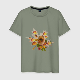 Мужская футболка хлопок с принтом Осень: кленовые листья и собака в Кировске, 100% хлопок | прямой крой, круглый вырез горловины, длина до линии бедер, слегка спущенное плечо. | 