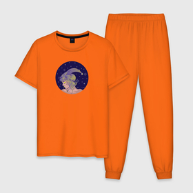 Мужская пижама хлопок с принтом Девушка козерог с двумя косами в Тюмени, 100% хлопок | брюки и футболка прямого кроя, без карманов, на брюках мягкая резинка на поясе и по низу штанин
 | 